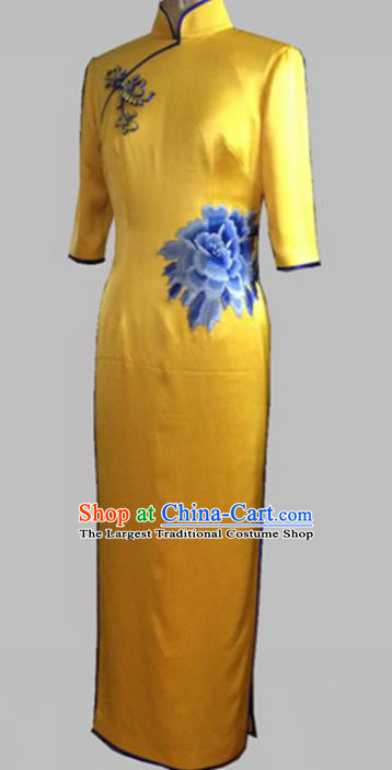 Chinese Traditional Customized Printing Peony Yellow Silk Cheongsam National Costume Classical Qipao Dress for Women