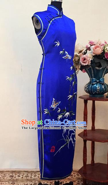 Chinese Traditional Customized Embroidered Bamboo Royalblue Silk Cheongsam National Costume Classical Qipao Dress for Women