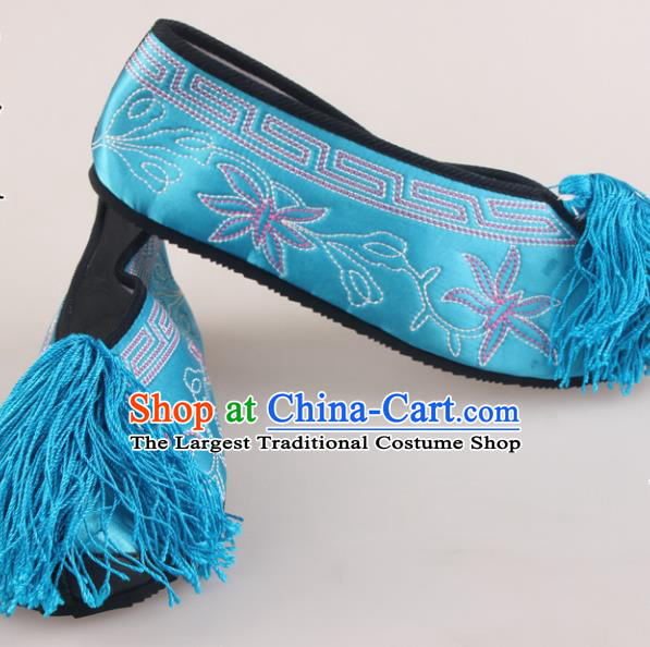 Traditional Chinese Beijing Opera Diva Blue Embroidered Shoes Handmade Ancient Princess Blood Stained Shoes for Women