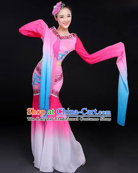 Traditional Chinese Classical Dance Cai Wei Costume Group Dance Water Sleeve Dance Pink Dress for Women