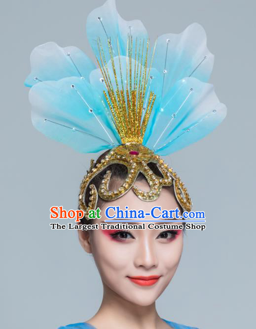 Traditional Chinese Folk Dance Blue Silk Hair Clasp Fan Dance Yanko Dance Headwear for Women