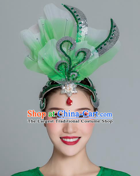 Traditional Chinese Folk Dance Green Silk Flower Hair Clasp Fan Dance Yanko Dance Headwear for Women