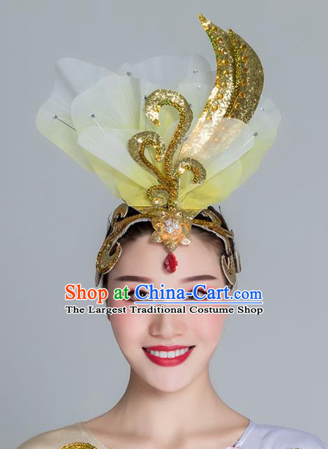 Traditional Chinese Folk Dance Yellow Silk Flower Hair Clasp Fan Dance Yanko Dance Headwear for Women