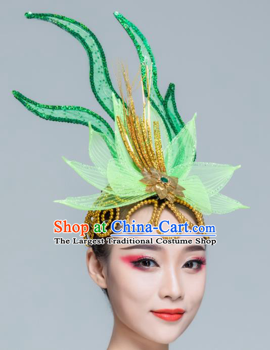 Traditional Chinese Yangko Dance Green Lotus Hair Claw Folk Dance Fan Dance Headwear for Women