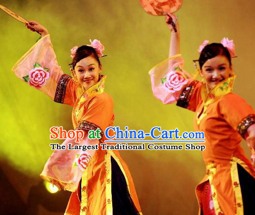 Chinese Beautiful Dance Wan Shan Shi Nv Orange Costume Traditional Palace Fan Classical Dance Competition Dress for Women