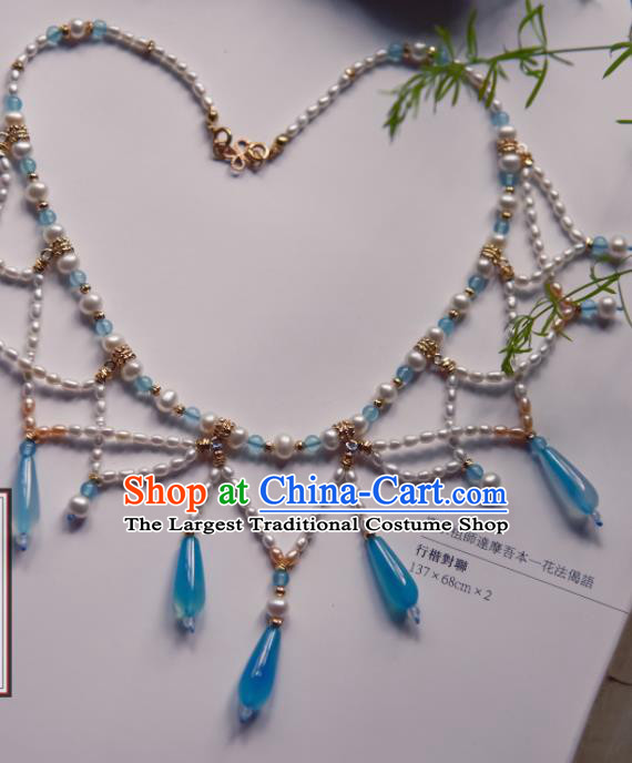 Chinese Ancient Princess Blue Beads Jewelry Accessories Hanfu Tassel Necklace for Women