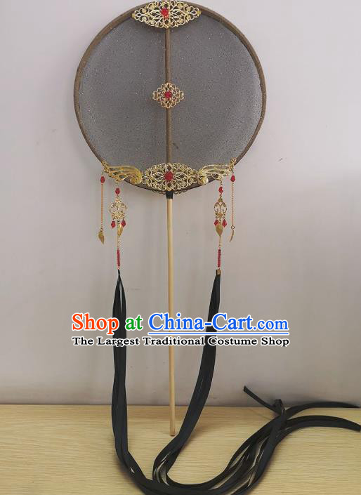 Chinese Ancient Princess Wedding Black Silk Palace Fans Traditional Hanfu Round Fan for Women