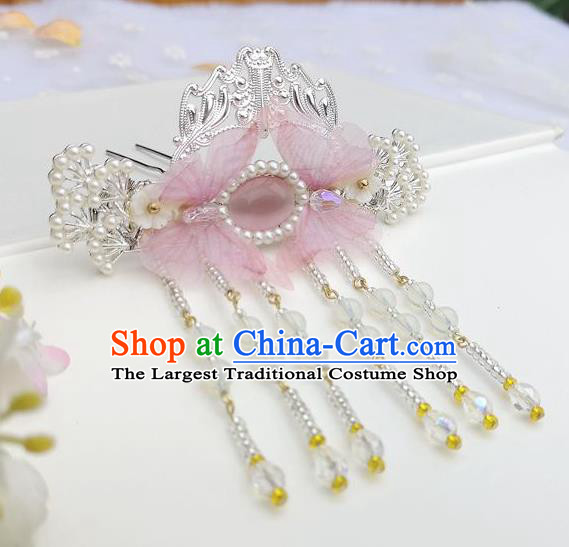 Chinese Ancient Princess Hair Accessories Traditional Hanfu Pink Silk Butterfly Hairpins for Women
