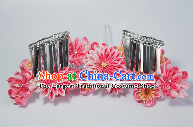 Japanese Geisha Kimono Pink Chrysanthemum Hair Crown Hairpins Traditional Yamato Hair Accessories for Women