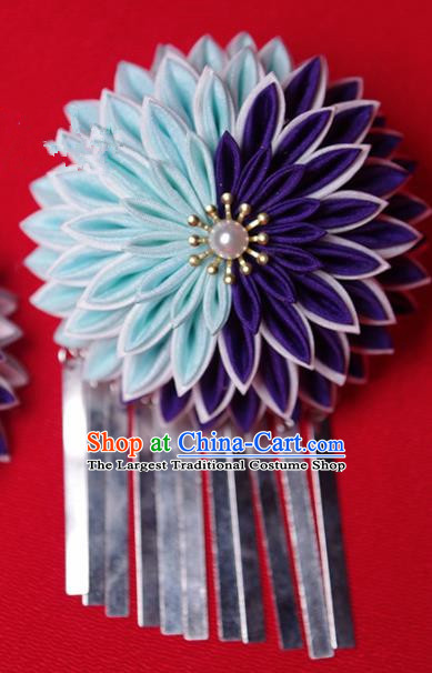 Japanese Geisha Kimono Purple and Blue Chrysanthemum Hair Claw Hairpins Traditional Yamato Hair Accessories for Women