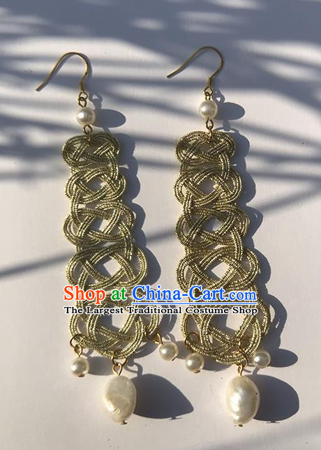 Japanese Ancient Golden Thread Pearl Ear Accessories Traditional Kimono Earrings for Women
