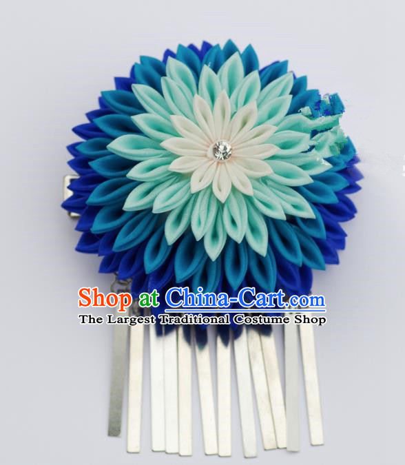Japanese Geisha Kimono Blue Chrysanthemum Hair Claw Tassel Hairpins Traditional Yamato Hair Accessories for Women