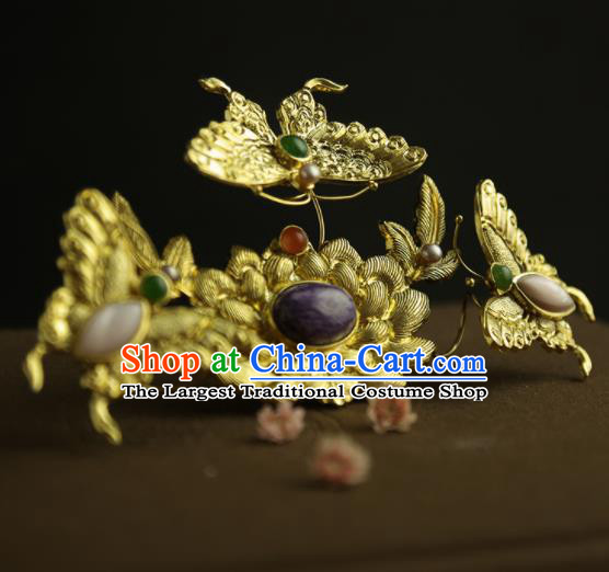 Chinese Ancient Queen Golden Butterfly Lotus Hairpins Traditional Hanfu Hair Clip Hair Accessories for Women