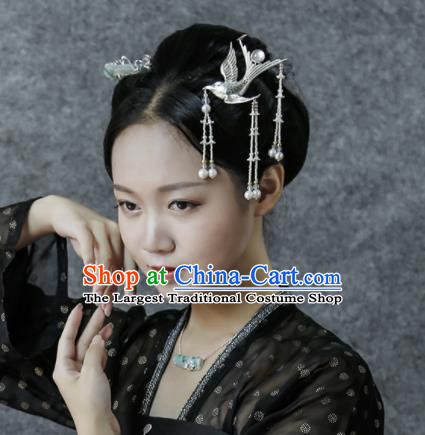 Chinese Ancient Ming Dynasty Sliver Bird Tassel Hairpins Hair Clip Traditional Hanfu Hair Accessories for Women