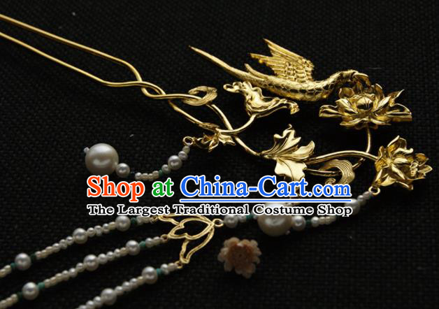 Chinese Ancient Queen Golden Carving Lotus Parrot Tassel Hairpins Traditional Hanfu Hair Accessories for Women