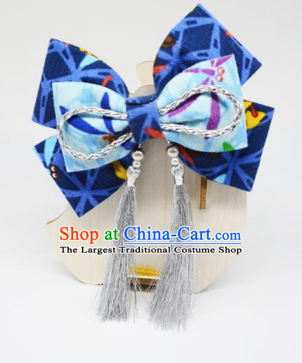 Japanese Geisha Oiran Kimono Blue Bowknot Tassel Hair Claw Hairpins Traditional Yamato Hair Accessories for Women