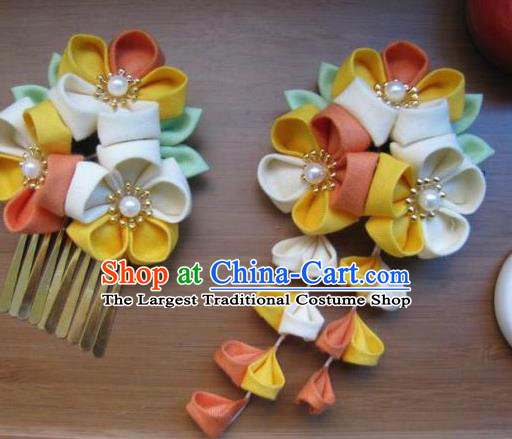Japanese Geisha Courtesan Yellow Sakura Hair Stick Hairpins Traditional Yamato Kimono Hair Accessories for Women