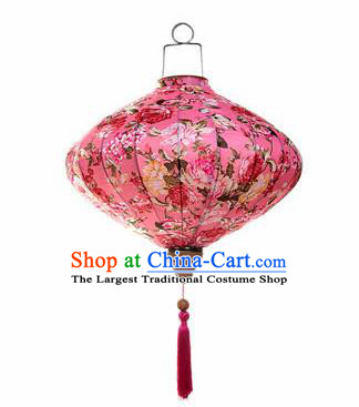 Chinese Traditional Pink Silk Hanging Lantern New Year Handmade Painting Peony Palace Lanterns