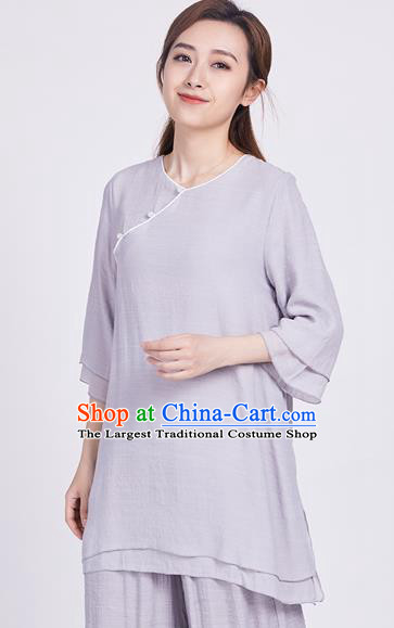 Chinese Traditional Martial Arts Grey Silk Blouse Tai Chi Competition Shirt Costume for Women