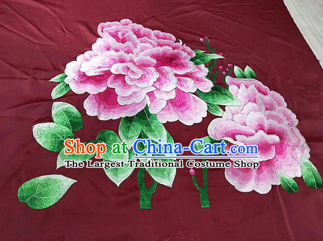 Chinese Handmade Embroidered Peony Wine Red Silk Fabric Patch Traditional Embroidery Craft