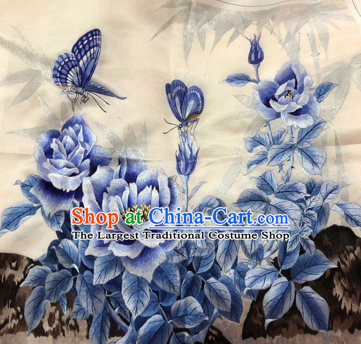 Chinese Handmade Embroidered Blue Peony Butterfly Silk Fabric Patch Traditional Embroidery Craft