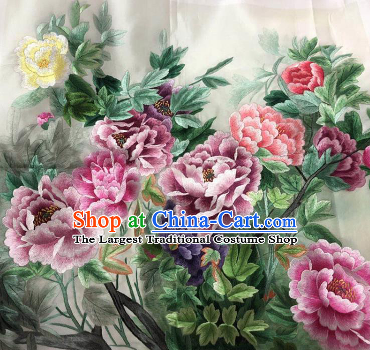 Chinese Handmade Embroidered Lilac Peony Silk Fabric Patch Traditional Embroidery Craft