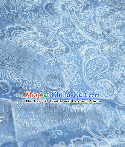 Traditional Chinese Royal Loquat Flower Pattern Design Blue Brocade Silk Fabric Asian Satin Material
