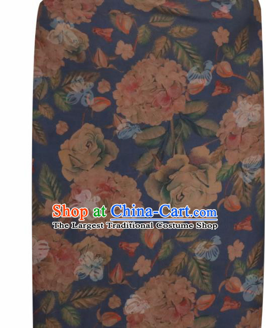 Chinese Traditional Roses Pattern Design Blue Satin Brocade Fabric Asian Silk Material
