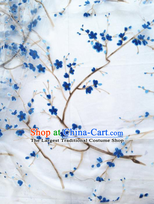 Chinese Traditional Blue Plum Pattern Design Veil Satin Hanfu Brocade Fabric Asian Silk Material
