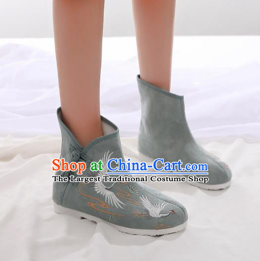 Asian Chinese Traditional Embroidered Crane Green Boots Hanfu Shoes National Cloth Shoes for Women