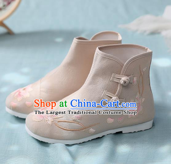 Asian Chinese Traditional Embroidered Lotus Khaki Boots Hanfu Shoes National Cloth Shoes for Women
