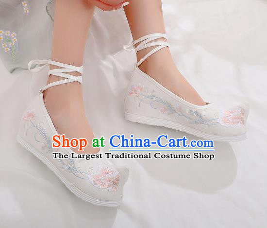 Asian Chinese Traditional Embroidered Shoes Hanfu Shoes National White Cloth Shoes for Women