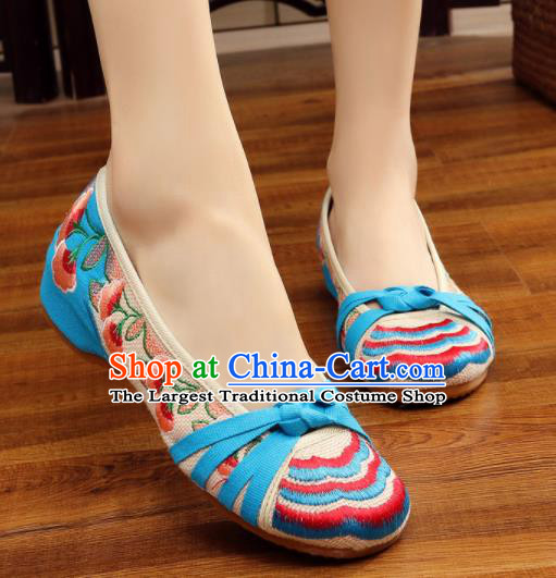Asian Chinese Traditional Dance Embroidered Blue Shoes Hanfu Wedding Shoes National Cloth Shoes for Women