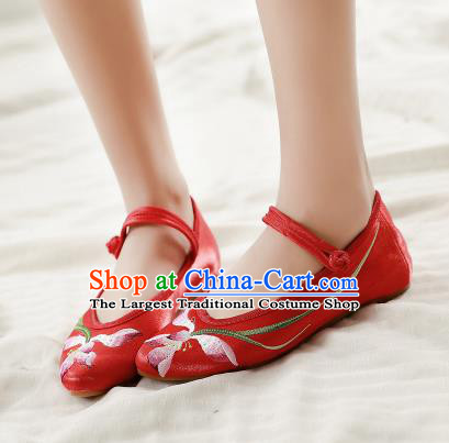Asian Chinese Traditional Dance Embroidered Lotus Red Shoes Hanfu Wedding Shoes National Cloth Shoes for Women