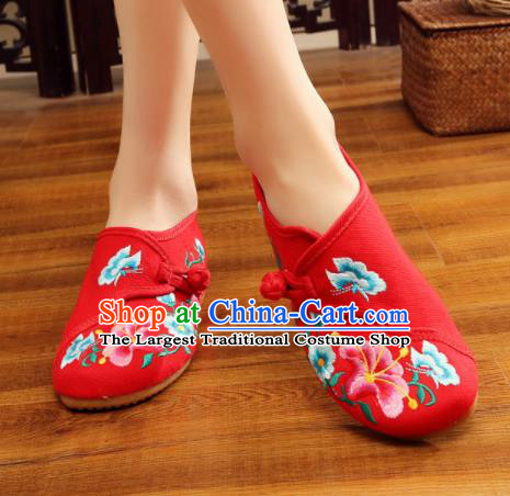 Asian Chinese National Embroidered Petunia Red Shoes Dance Cloth Shoes Traditional Hanfu Shoes for Women