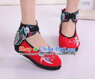 Asian Chinese National Embroidered Butterfly Red Cloth Shoes Classical Dance Shoes Traditional Hanfu Shoes for Women
