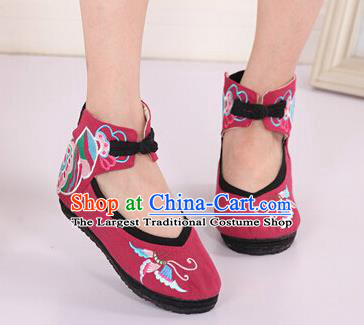 Asian Chinese National Embroidered Butterfly Wine Red Cloth Shoes Classical Dance Shoes Traditional Hanfu Shoes for Women