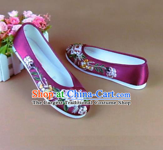 Asian Chinese National Embroidered Peony Purple Shoes Ancient Princess Satin Shoes Traditional Hanfu Shoes for Women