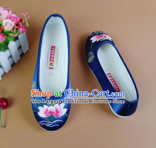 Asian Chinese National Embroidered Lotus Blue Shoes Ancient Princess Satin Shoes Traditional Hanfu Shoes for Women
