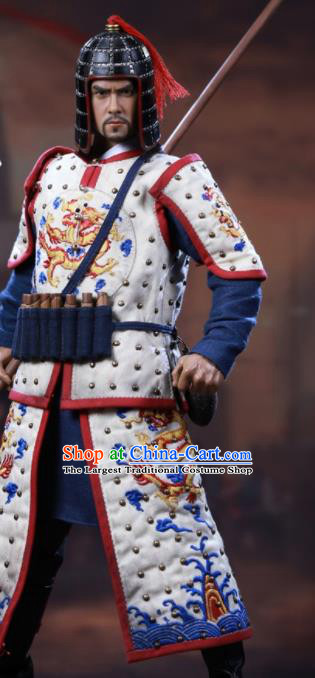 Chinese Ancient Cosplay Manchu General White Armor and Helmet Traditional Qing Dynasty Military Officer Costumes Complete Set for Men