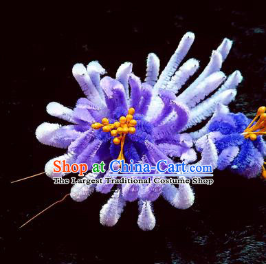 Chinese Ancient Qing Dynasty Lilac Velvet Chrysanthemum Hairpins Traditional Court Hanfu Hair Accessories for Women