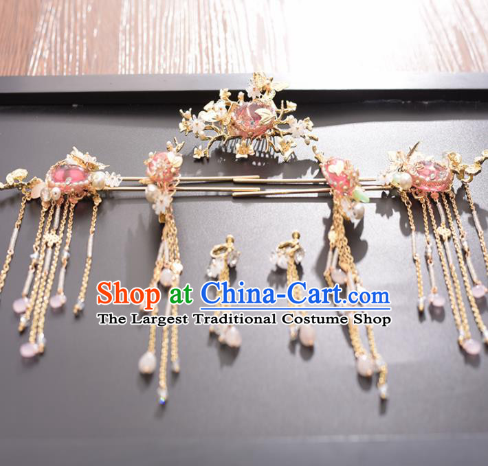 Chinese Ancient Bride Pink Stone Hair Comb Hairpins Traditional Hanfu Wedding Hair Accessories for Women