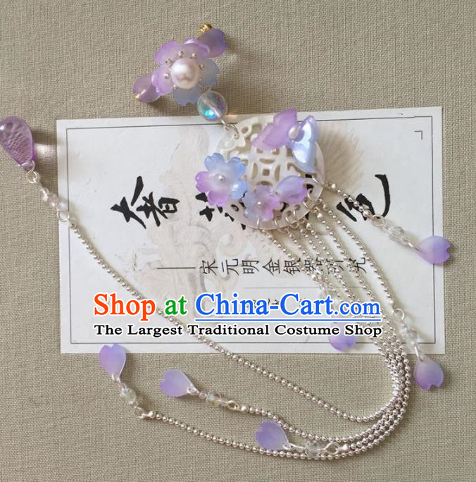 Chinese Ancient Court Purple Flowers Tassel Brooch Traditional Princess Hanfu Breastpin Accessories for Women