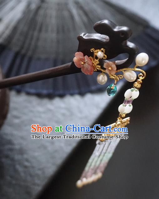 Chinese Ancient Princess Tassel Step Shake Ebony Hairpins Traditional Handmade Hanfu Hair Accessories for Women