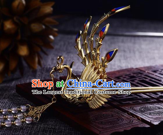 Chinese Ancient Princess Phoenix Tassel Hair Clip Golden Hairpins Traditional Handmade Hanfu Hair Accessories for Women