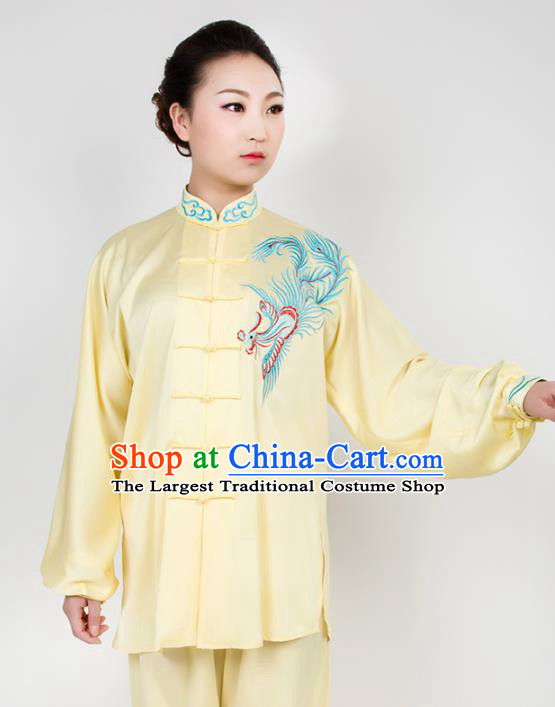 Chinese Traditional Martial Arts Embroidered Phoenix Yellow Costume Best Kung Fu Competition Tai Chi Training Clothing for Women