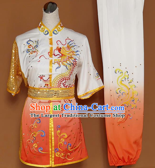 Best Martial Arts Competition Embroidered Dragon Orange Uniforms Chinese Traditional Kung Fu Tai Chi Training Costume for Men