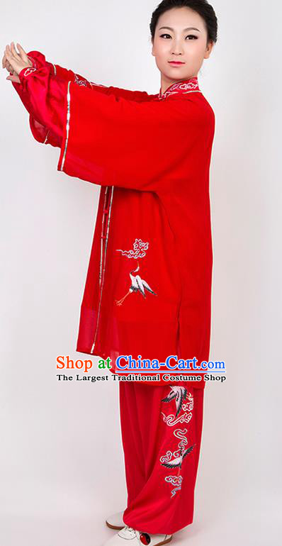 Chinese Traditional Martial Arts Embroidered Crane Red Costume Best Kung Fu Competition Tai Chi Training Clothing for Women