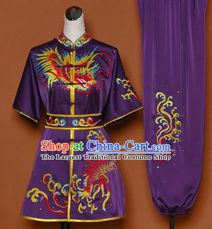 Chinese Martial Arts Competition Embroidered Dragon Purple Uniforms Traditional Kung Fu Tai Chi Training Costume for Men