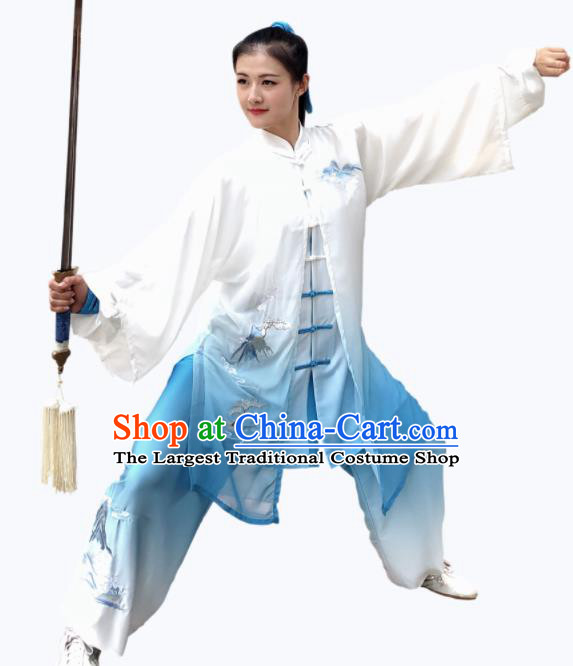 Chinese Professional Martial Arts Embroidered Landscape Blue Costume Traditional Kung Fu Competition Tai Chi Clothing for Women